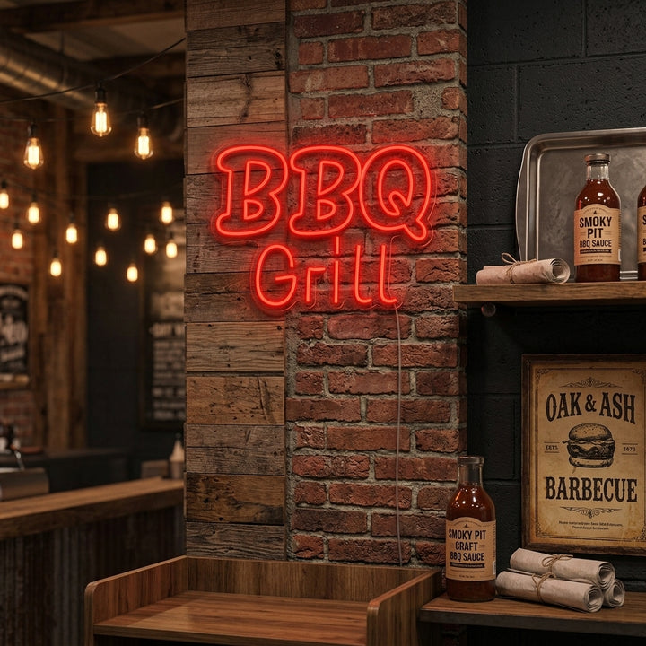 Handcrafted neon sign shaped like a BBQ grill glowing brightly on a brick wall above a grilling station.