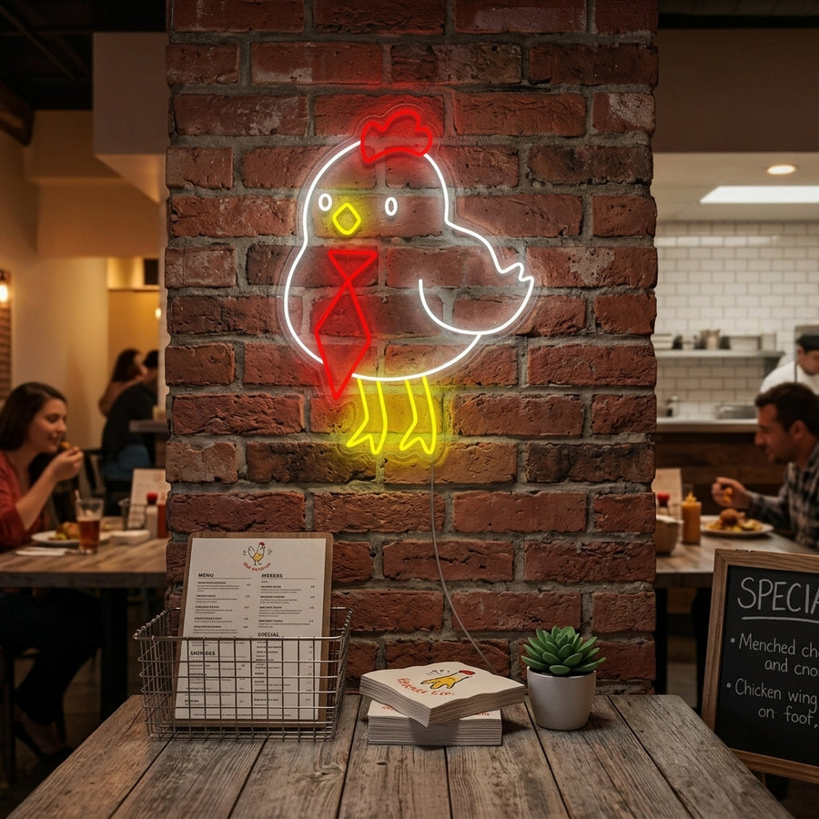 An illuminated neon wall sign depicting a cute yellow chicken, mounted in a brightly decorated children's bedroom.