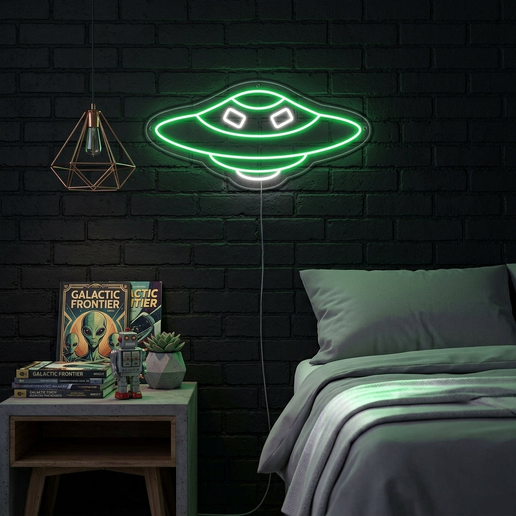 A vibrant 'Spaceship UFO' neon sign glowing brightly on a wall in a home setting, casting light on the surrounding area.