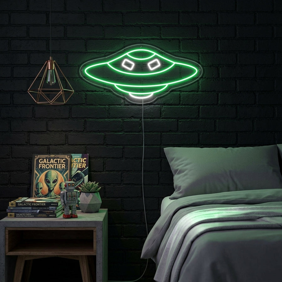 A vibrant 'Spaceship UFO' neon sign glowing brightly on a wall in a home setting, casting light on the surrounding area.