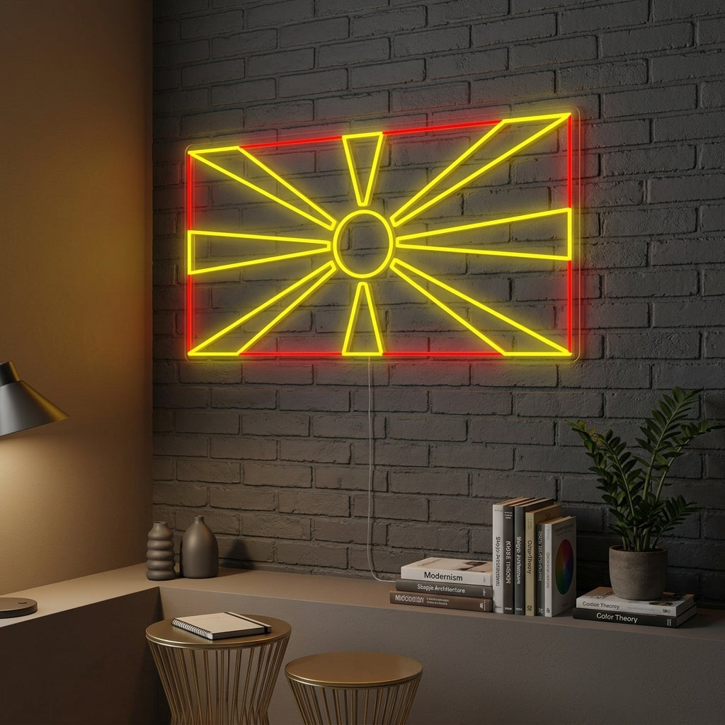 A glowing Flag of North Macedonia neon sign mounted on a brick wall, featuring the yellow sun design.