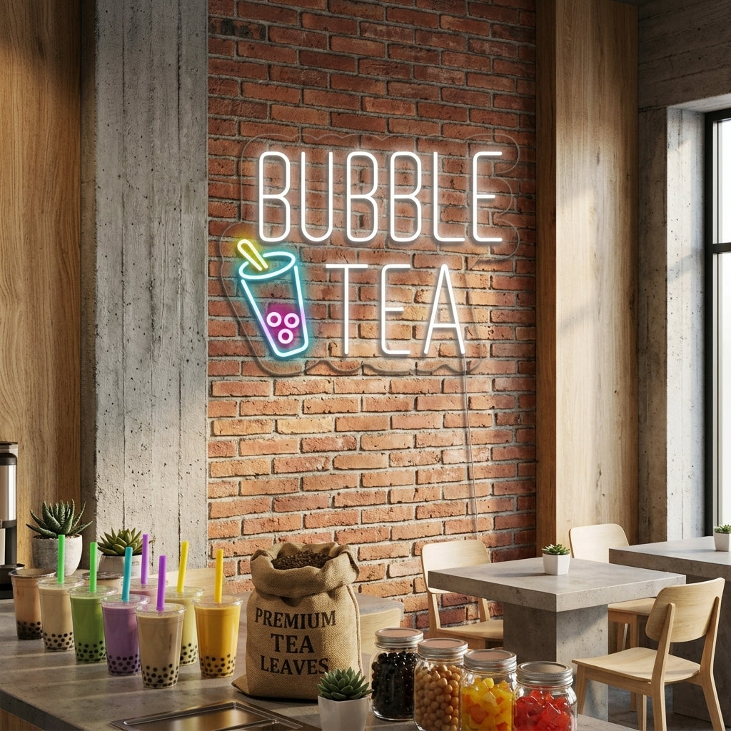 A cozy, illuminated cafe counter at night, where the cheerful Bubble Tea neon sign glows warmly on the brick wall, overlooking customers enjoying drinks.