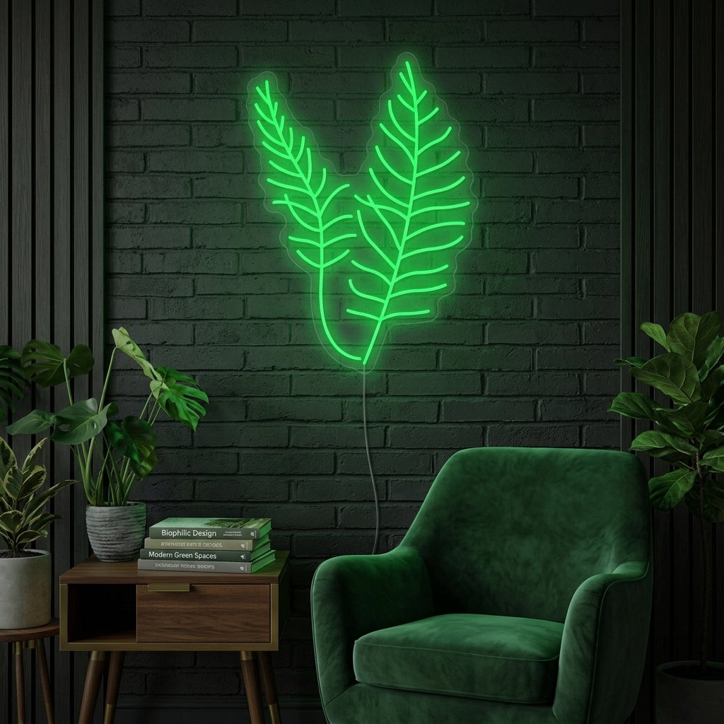 A glowing 'Pine Branch' neon sign mounted on a rustic wooden plank wall, casting a warm light in a cozy, decorated living room.