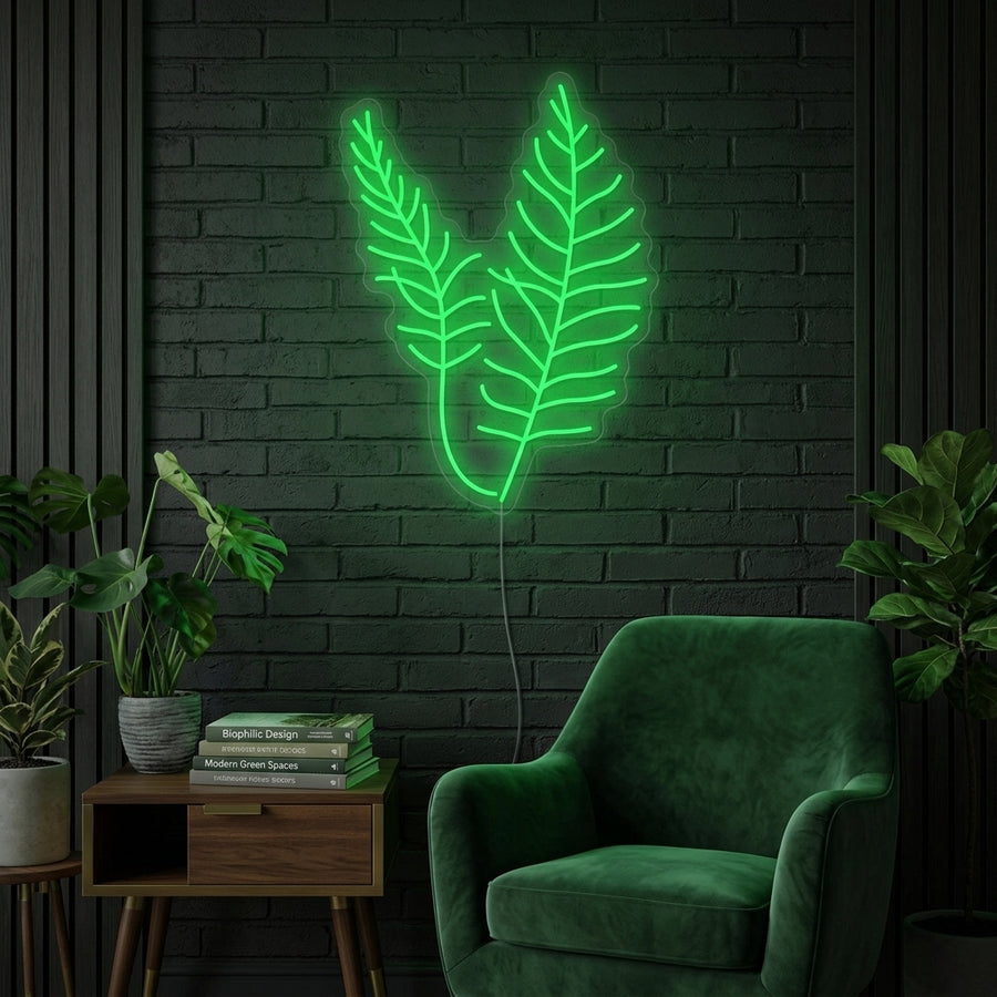 A glowing 'Pine Branch' neon sign mounted on a rustic wooden plank wall, casting a warm light in a cozy, decorated living room.