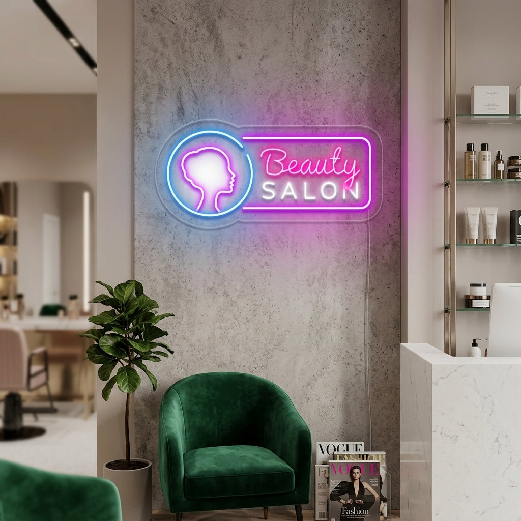 A "Beauty Salon" neon sign illuminates a cozy beauty salon setting.