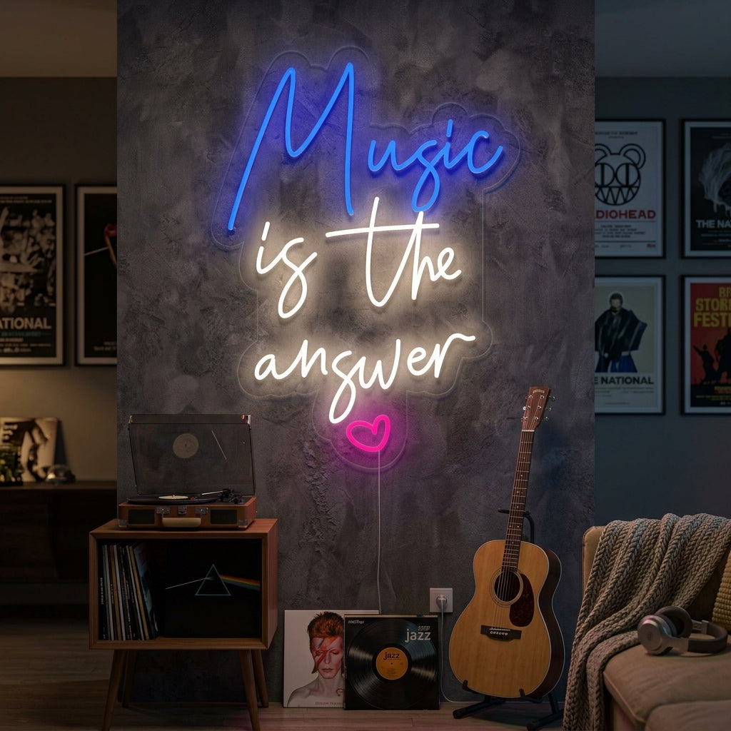 A 'Music is The Answer' neon sign glowing brightly in blue light above a modern armchair in a living room.