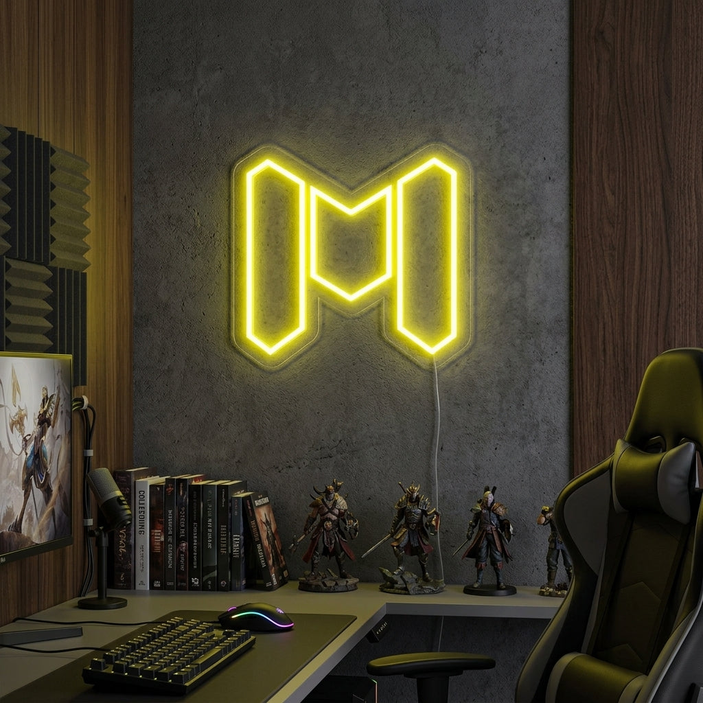 A glowing 'Duty' neon sign installed on a textured wall within a dimly lit, modern gaming room setup.