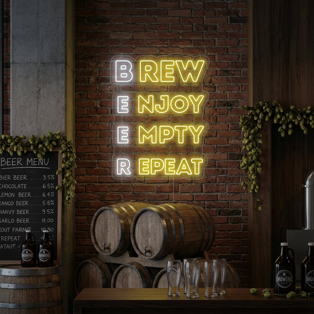 A vibrant 'Brew Enjoy Empty Repeat' neon sign glowing on a dark wall above a fully stocked home bar counter with glasses and bottles.
