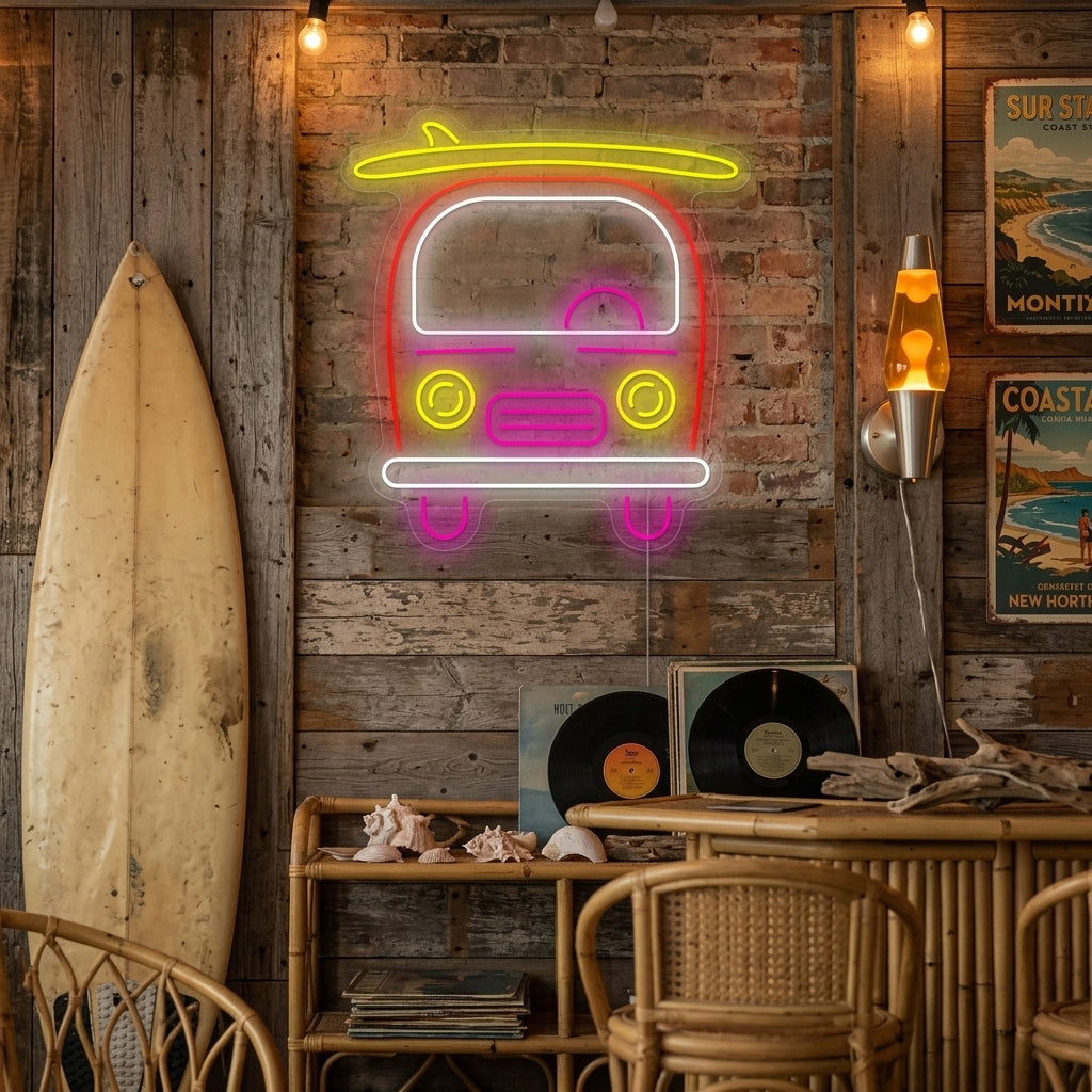 Bus Neon Sign illuminated on an atmospheric bedroom wall above a wooden desk.