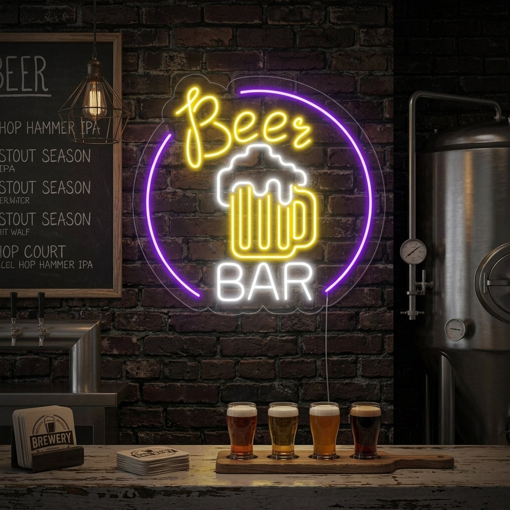 A glowing neon sign depicting a beer mug filled with amber beer and white foam, set against a dark, rustic bar background with wooden accents and blurred bottles, perfect for creating a cozy pub atmosphere.