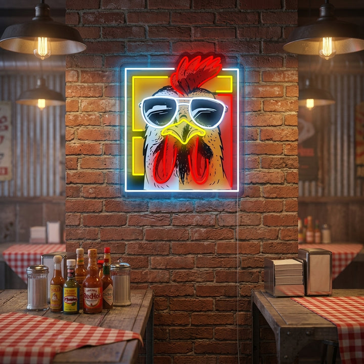 Chicken Hen Rooster neon sign illuminated and mounted on a textured brick wall, showing its warm glow.
