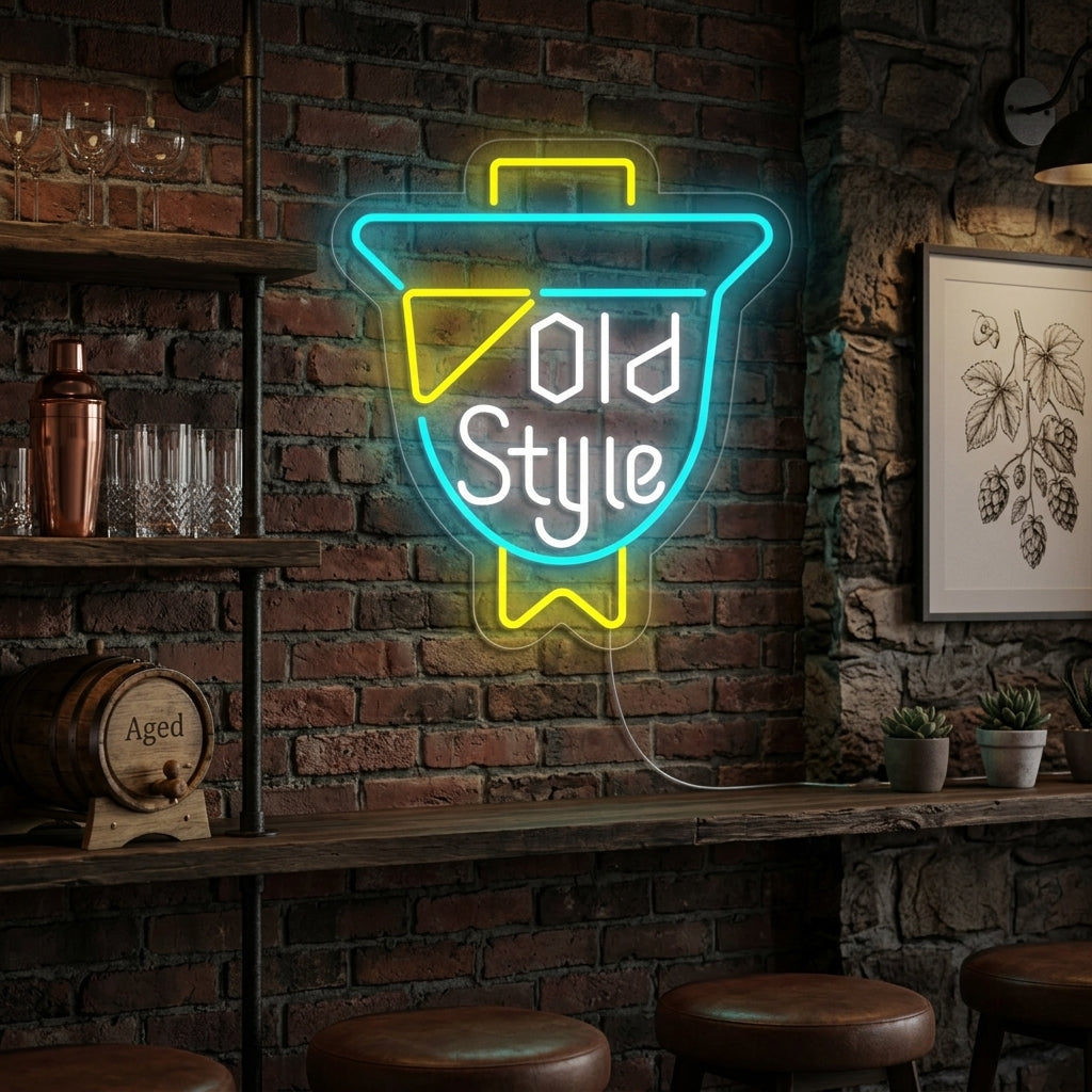 A "Vintage OLD STYLE Beer Bar" neon sign glowing vibrantly in a dimly lit, rustic home bar setting above a brick wall and bar counter with glasses.