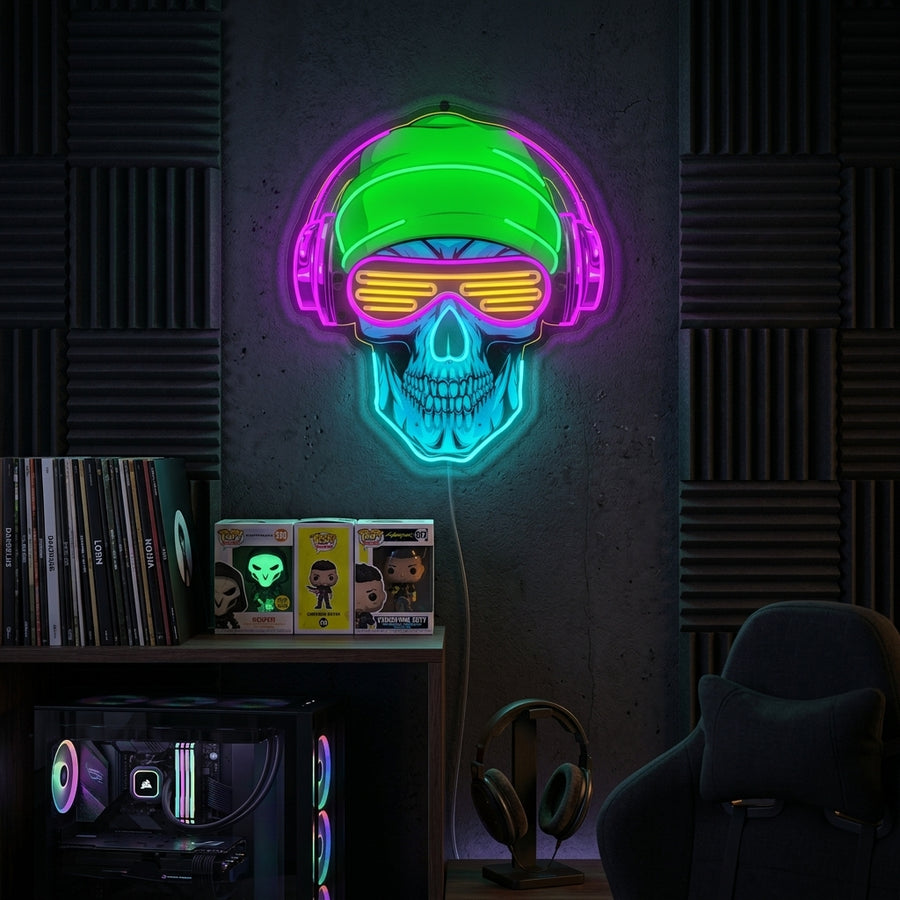 A glowing 'Skull With Headphones' neon sign mounted on a dark wall in a modern room setting.