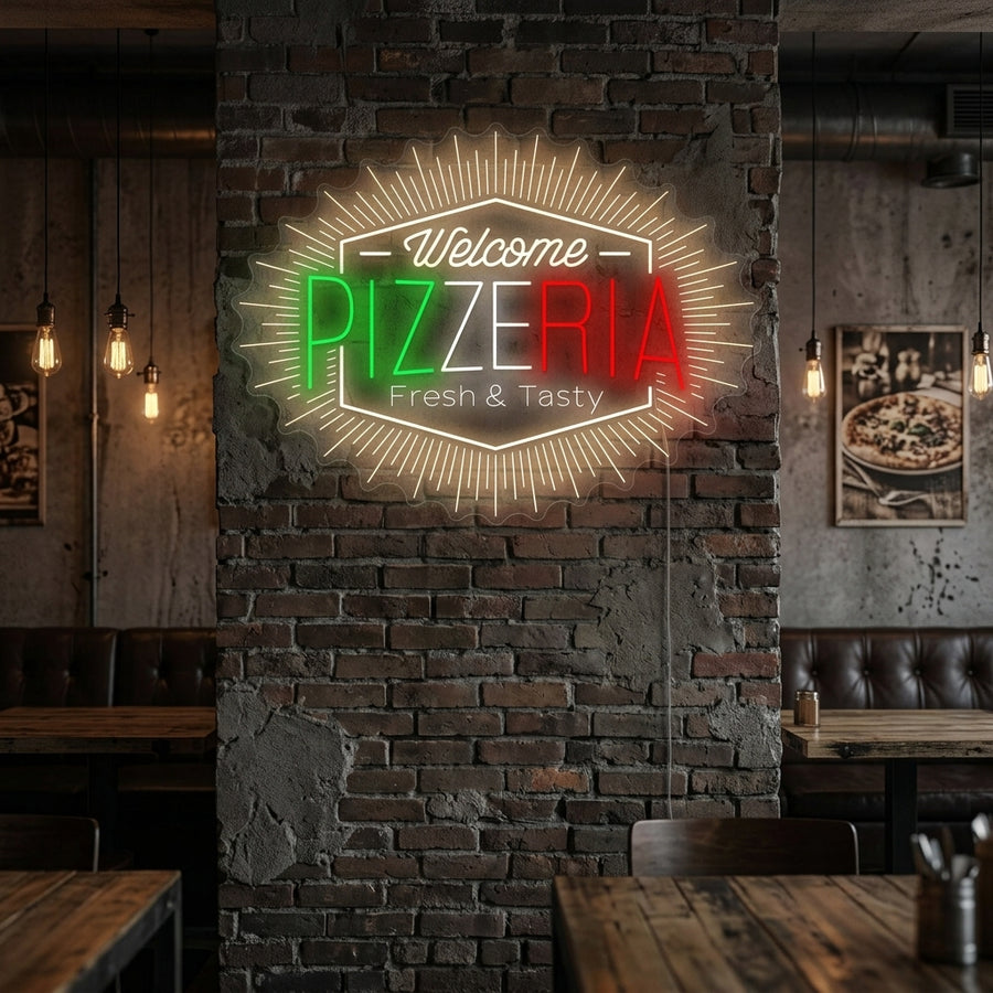 A vibrant 'Welcome Pizzeria' neon sign glowing brightly on a brick wall inside a bustling pizza restaurant, featuring a stylized pizza slice graphic.