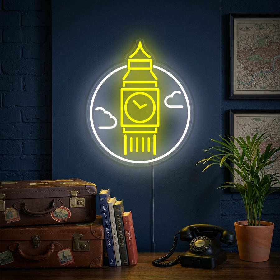 Big Ben neon sign displayed on a rustic brick wall