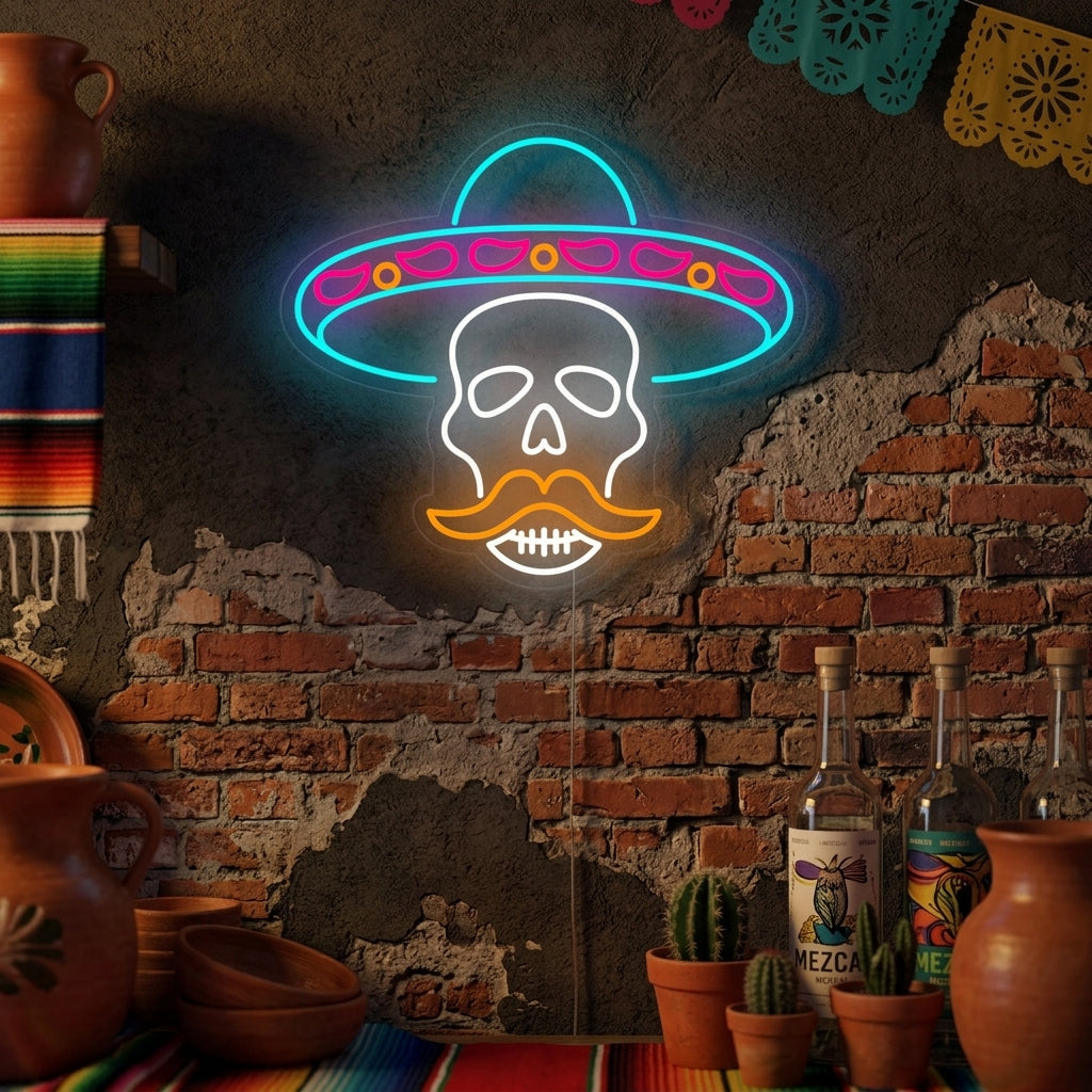 A vibrant 'Skull in Sombrero for Day of the Dead' neon sign glows on a textured brick wall in a cozy room, surrounded by potted plants and cultural decor.