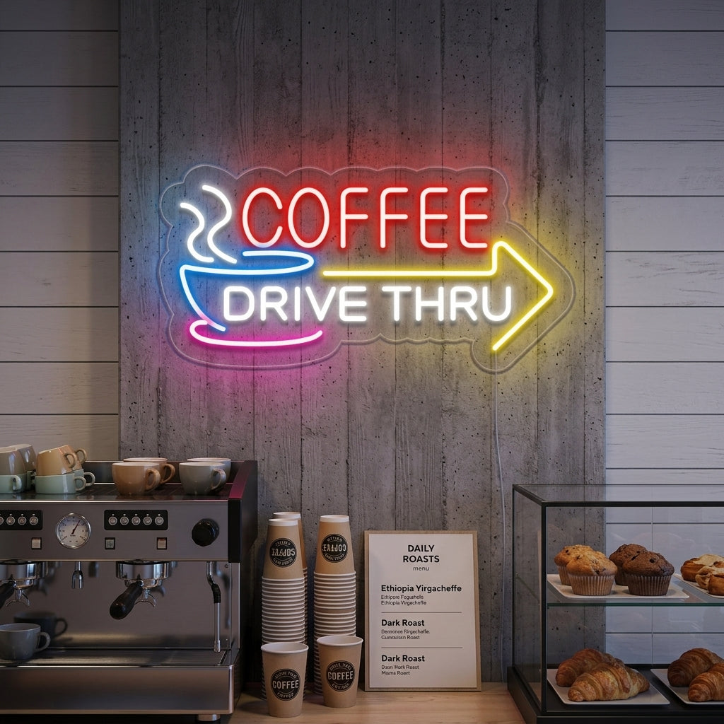 Glowing orange COFFEE DRIVE THRU neon sign with arrow, mounted on a rustic wood plank wall inside a busy cafe or home coffee bar.