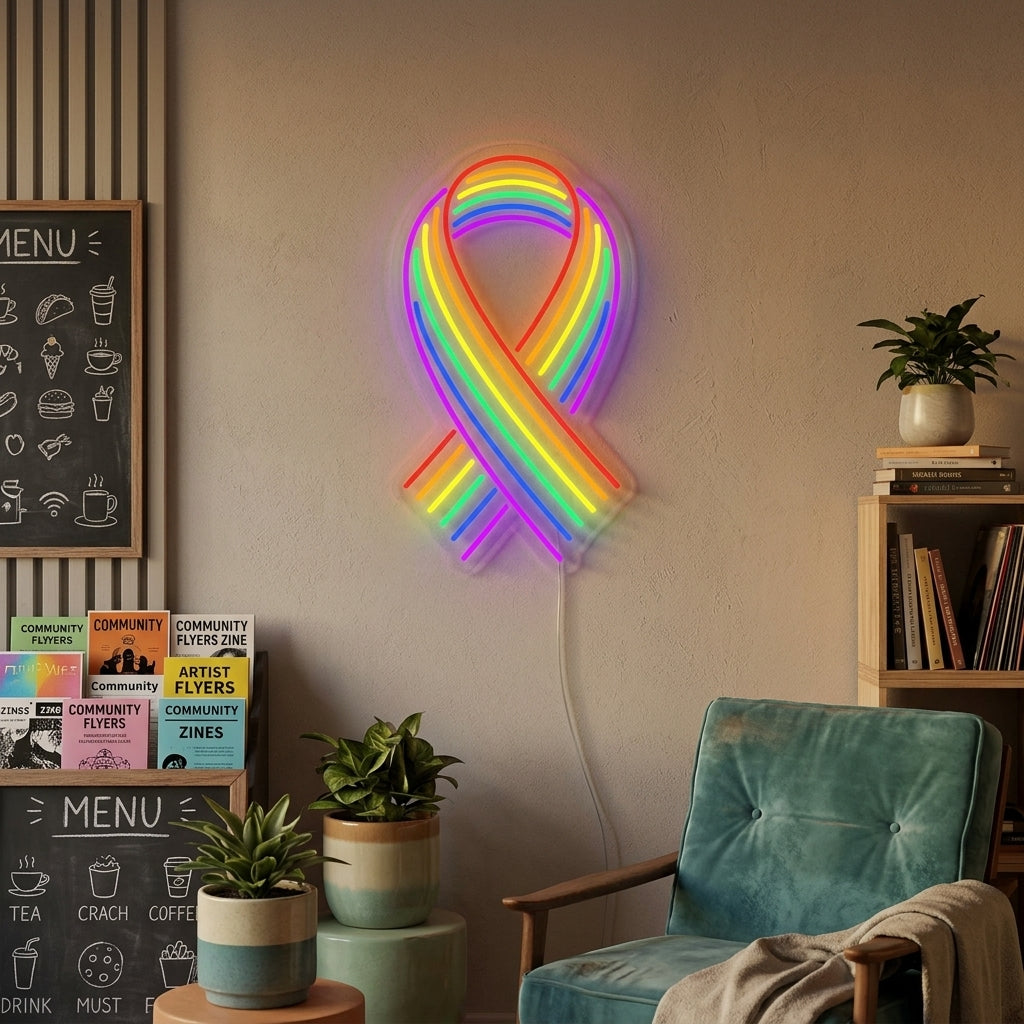 A vibrant 'LGBT Ribbon Rainbow' neon sign glowing on a wall, showing the colorful ribbon design.