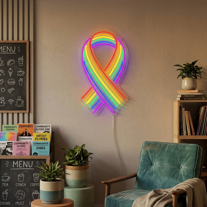 A vibrant 'LGBT Ribbon Rainbow' neon sign glowing on a wall, showing the colorful ribbon design.