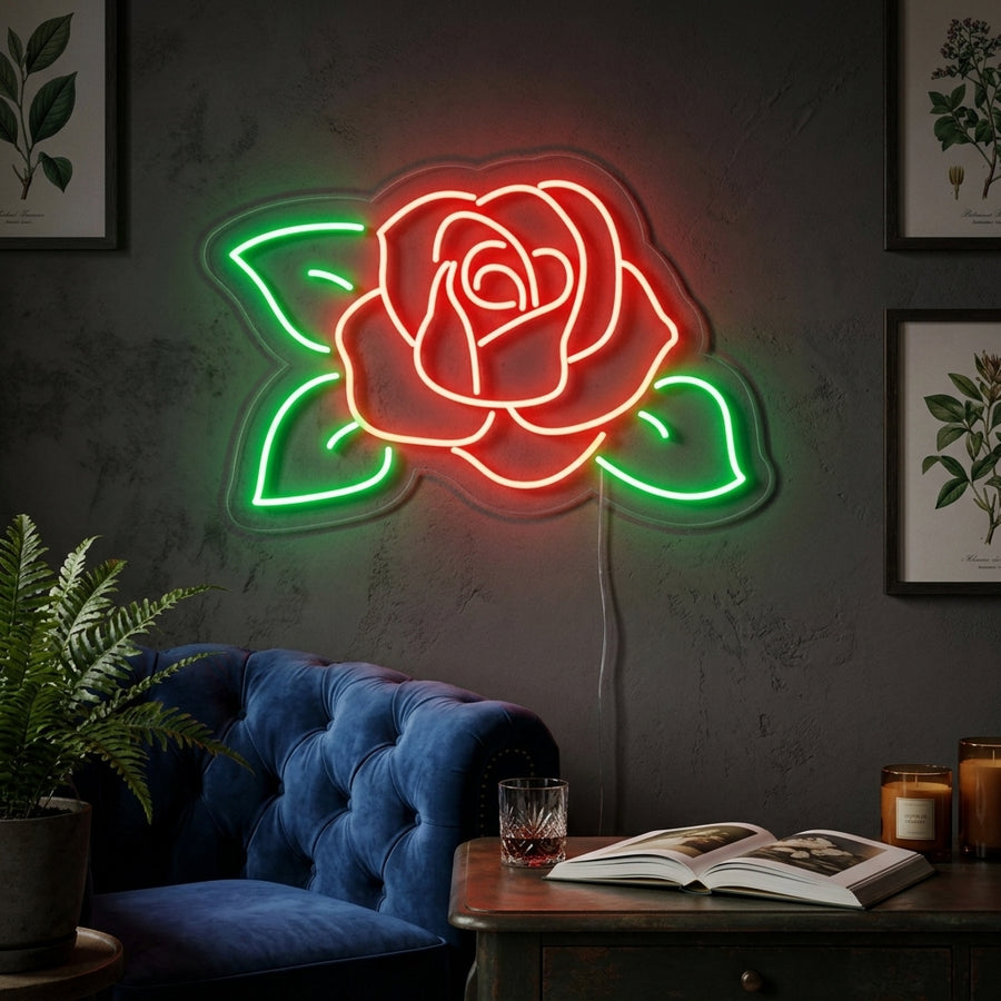 A glowing rose flower neon sign mounted above a cozy, styled bed setup.