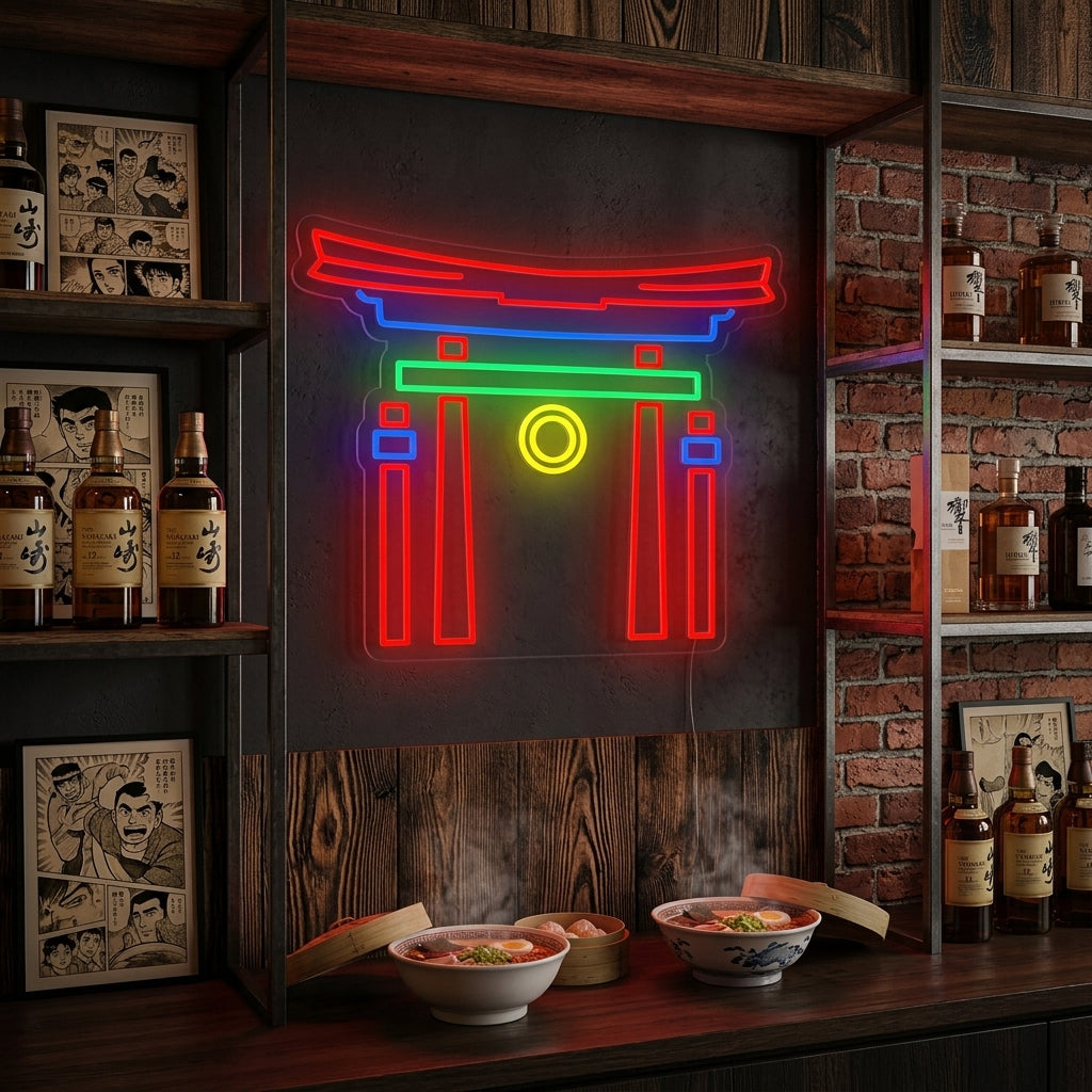 Vibrant Japanese Torii Gate neon sign lit up against a rustic brick wall