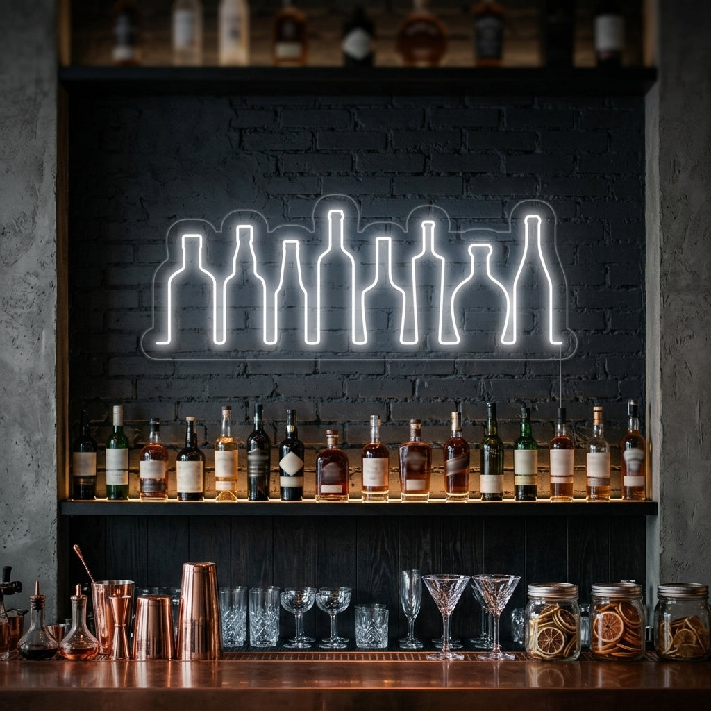 A vibrant 'Bar Bottles' neon sign glowing red, orange, and white above a fully stocked home bar.