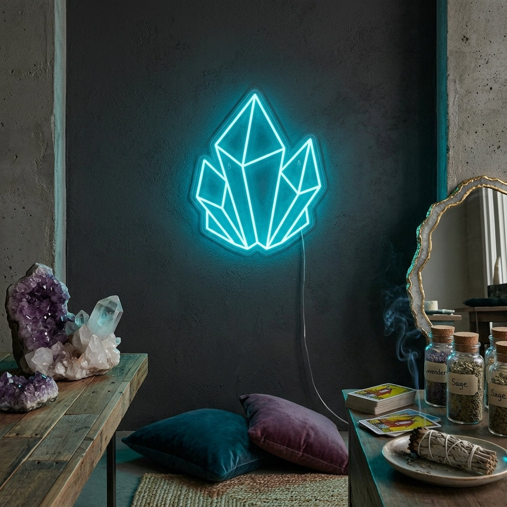 A lifestyle view of the illuminated 'Crystal' neon sign mounted on a wall in a modern room setting.