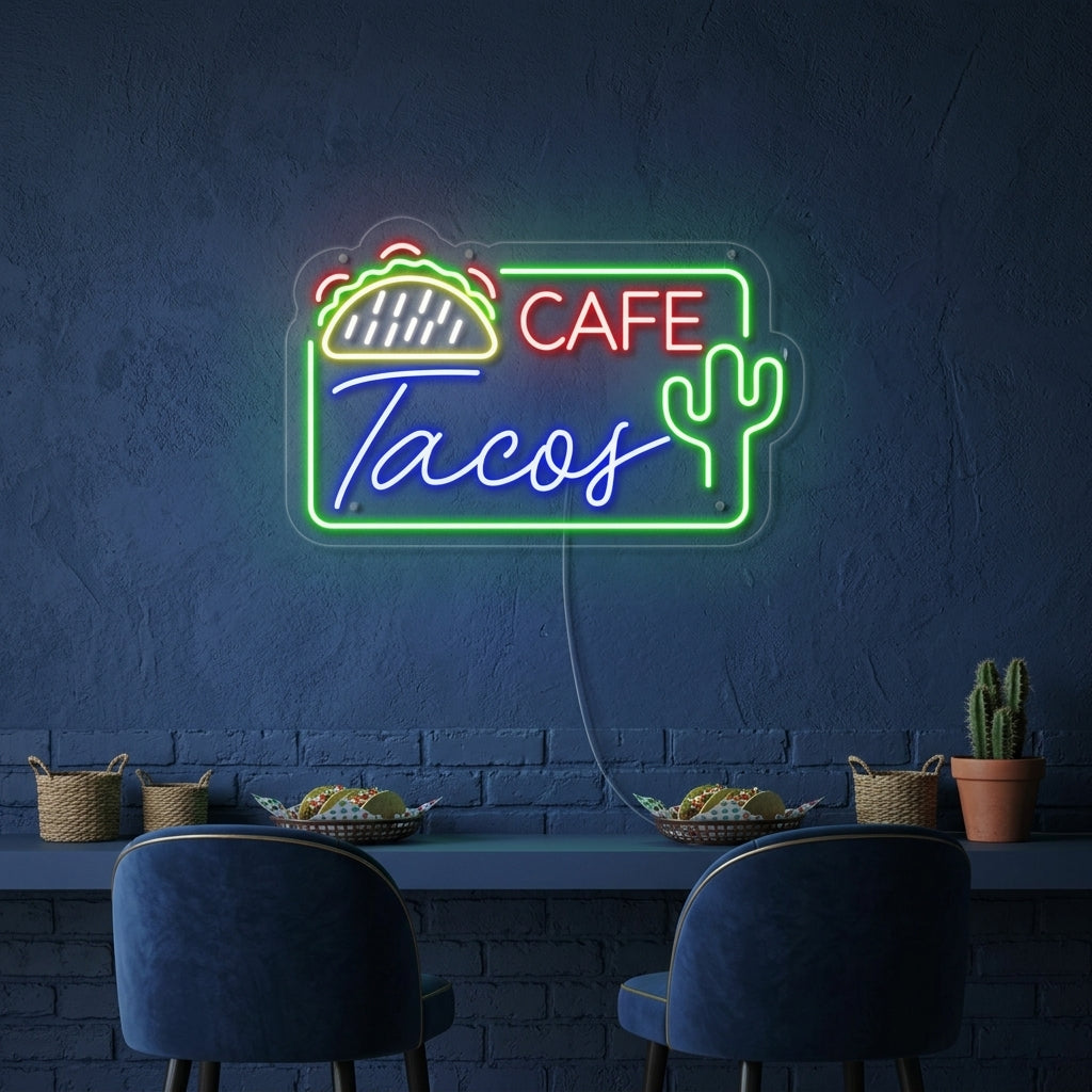 A glowing 'MEXICAN CAFE TACOS' neon sign with blue and yellow tubing illuminating a rustic brick wall, flanked by shelves of tequila bottles and vibrant decorations.