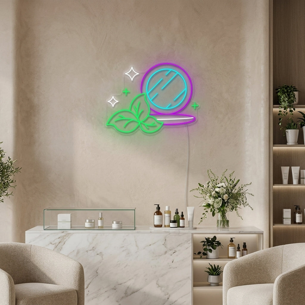 Illuminated "Organic Cosmetics Makeup Powder" neon sign hanging above a rustic wooden display table styled with potted plants and beauty products in a cozy studio setting.