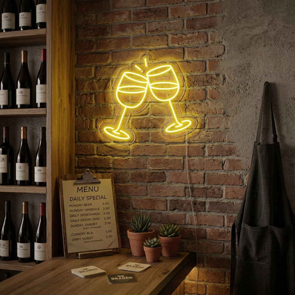 Lifestyle view of an glowing 'Champagne Glasses' neon sign hanging above a well-appointed bar cart with bottles and glasses.
