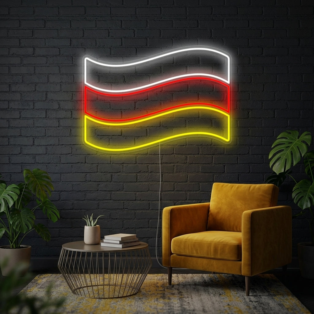 Vibrant Germany flag neon sign glowing against a brick wall in a cozy living room setting.