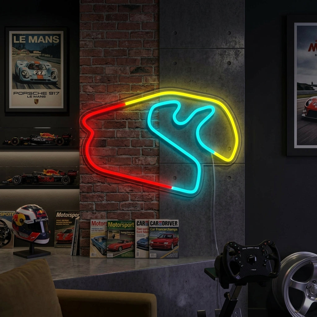 A Brazilian F1 Race neon sign glowing brightly on a brick wall in a rustic, modern garage setting.