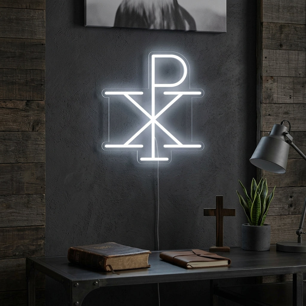 A Chi Rho Christian monogram neon sign, glowing warmly in white light, displayed on a textured wall in a home setting.