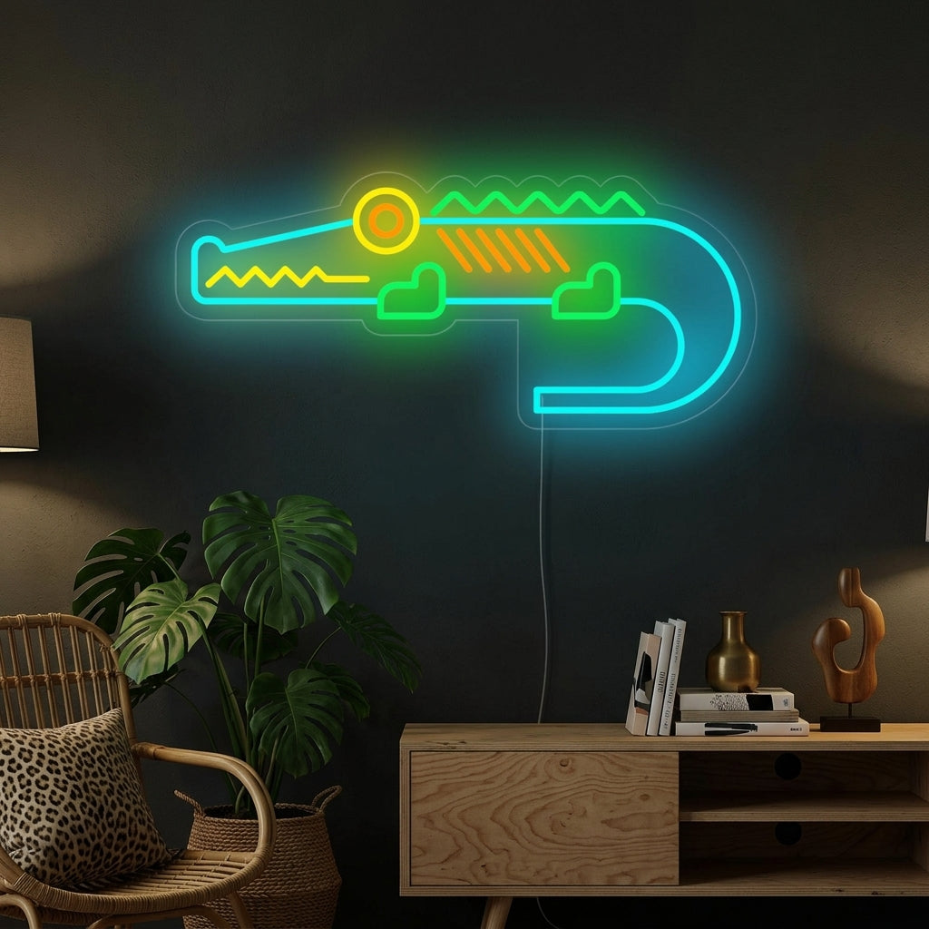 A glowing 'Cute Crocodile' neon wall sign mounted above a shelf in a stylized kid's room or playroom, creating a warm, playful atmosphere.