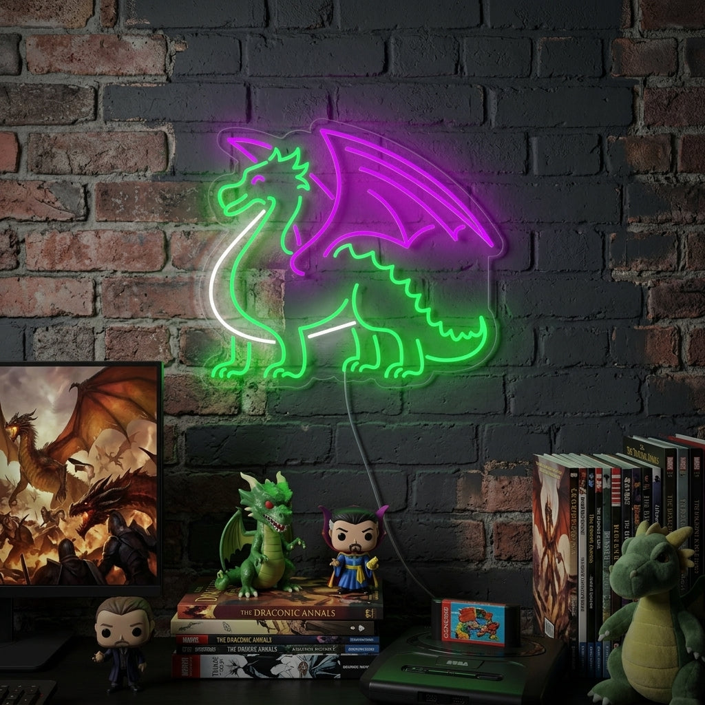 A dragon with wings neon sign mounted on a dark textured wall above a plush armchair, casting a warm red glow in a cozy living room setting.