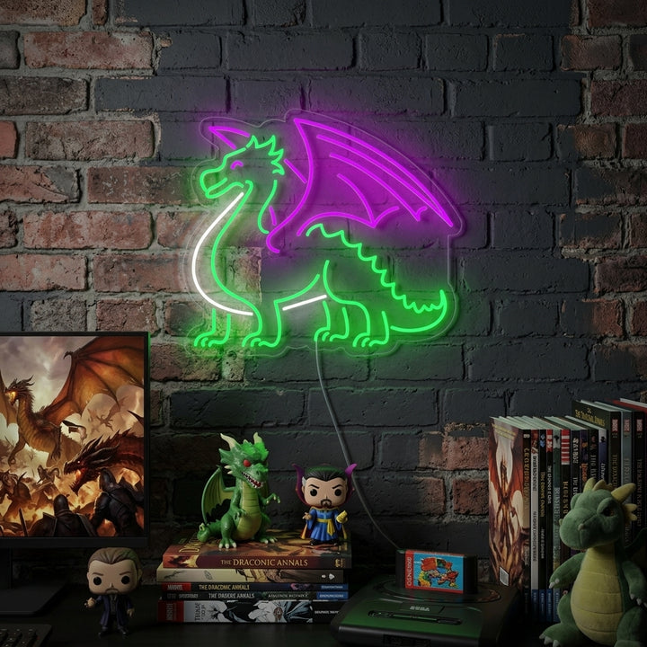 A dragon with wings neon sign mounted on a dark textured wall above a plush armchair, casting a warm red glow in a cozy living room setting.