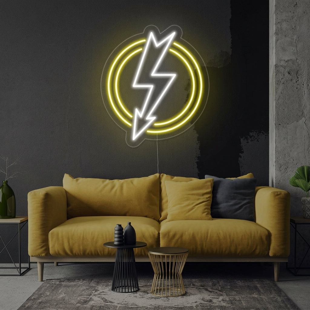 A 'Shining Lightning Bolt' neon sign glowing brightly on a textured interior wall, creating a dynamic atmospheric lighting effect.