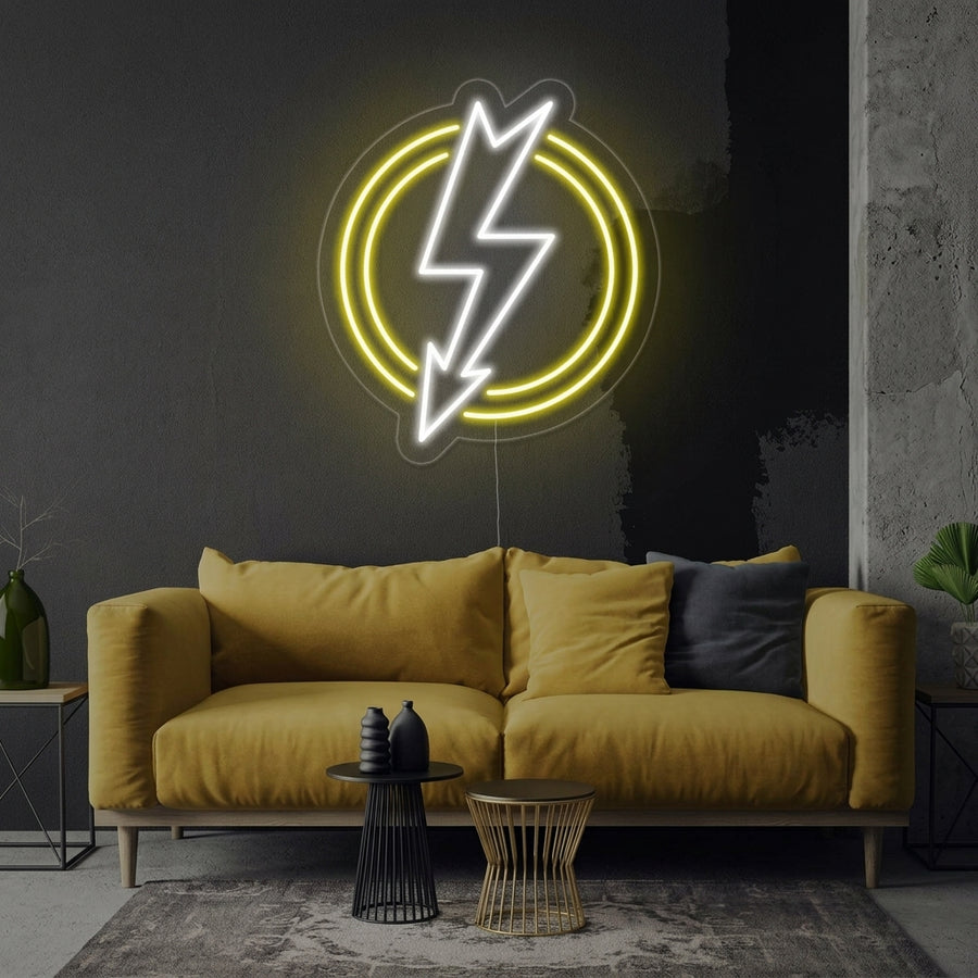 A 'Shining Lightning Bolt' neon sign glowing brightly on a textured interior wall, creating a dynamic atmospheric lighting effect.