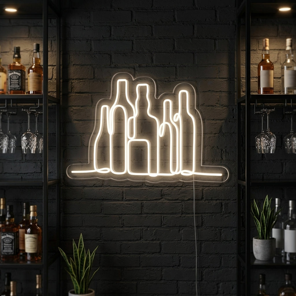 Illuminated Bar Bottles neon sign showing multi-colored bottles on a dark bar shelf, providing ambient lighting.