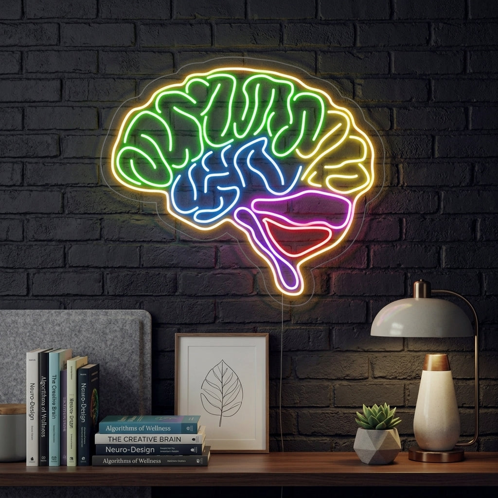 A stylish 'Brain Model' neon sign glowing purple, mounted on a wall above a desk in a modern office or study setting.