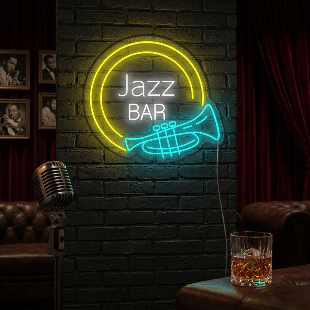 Vibrant blue and orange illuminated 'Jazz Bar' neon sign mounted on a textured brick wall above a cozy home bar setup, casting a cool glow over glasses, bottles, and a bar stool in a warmly lit, atmospheric room.