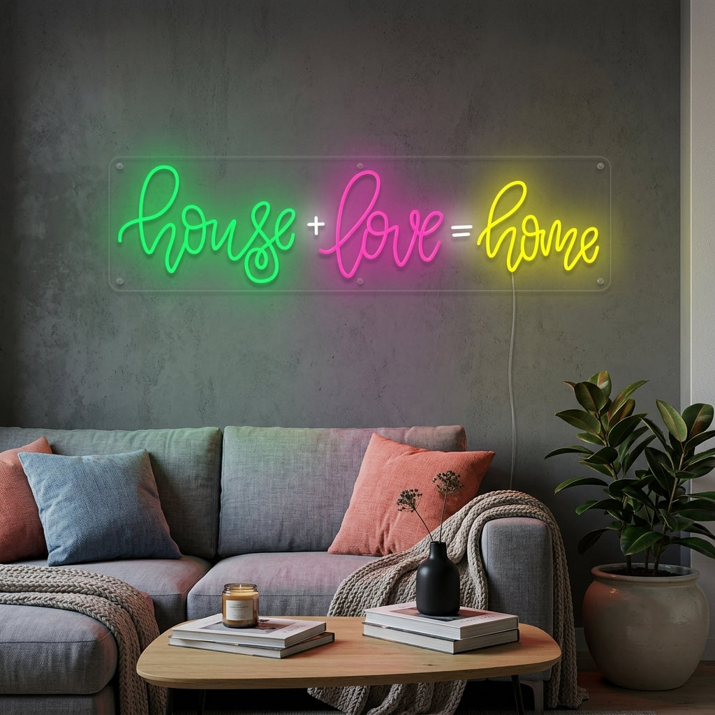 A glowing 'House Love Home' neon wall sign in a modern cozy living room setting.