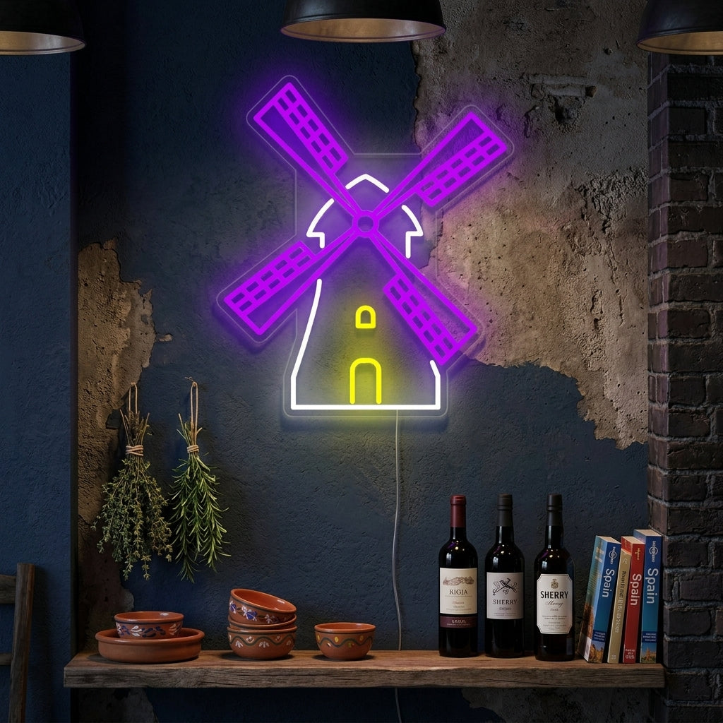 Luminous neon sign depicting the classic Consuegra windmills on a modern living room wall.