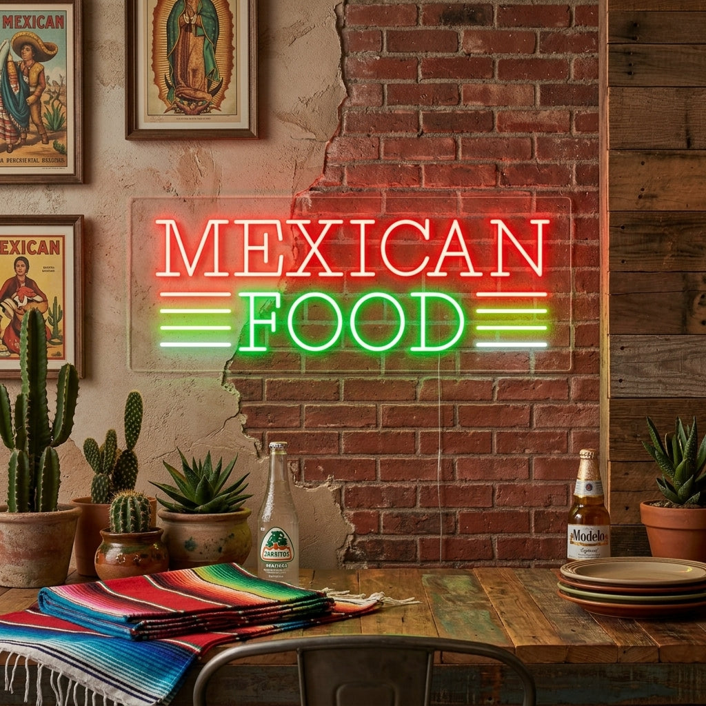 A vibrant 'MEXICAN FOOD' neon sign glowing in a lively Mexican restaurant setting.