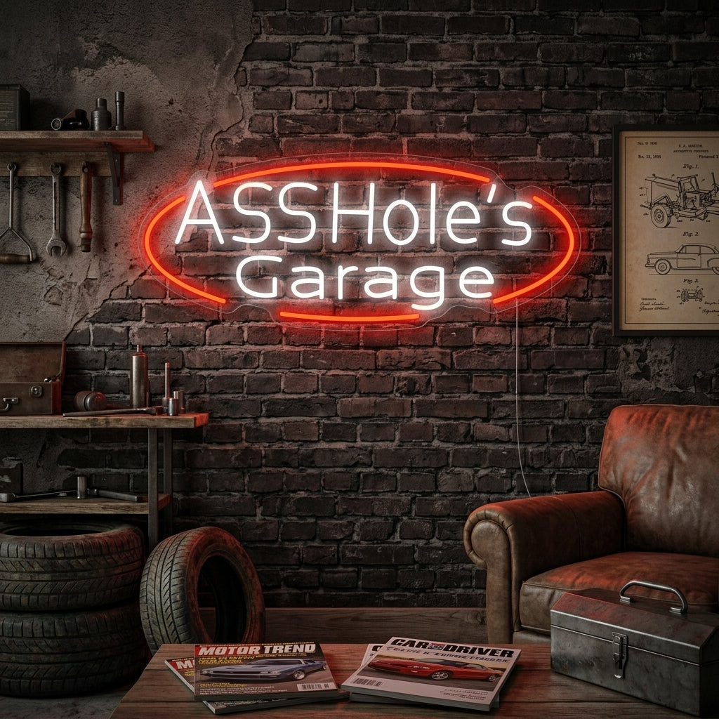 A lifestyle photo of the 'Assholes Garage' neon sign lit up in a well-organized man cave garage setting.