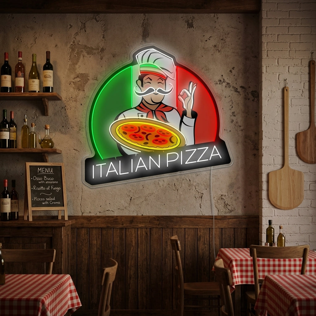 Italian Pizza neon sign glowing above a table with pizza in a restaurant setting.