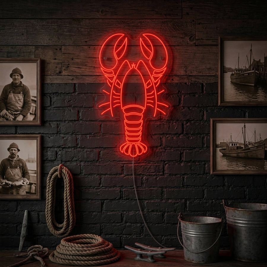 Vibrant red lobster-shaped neon sign glowing on a dark blue shiplap wall in a coastal-themed kitchen setting.