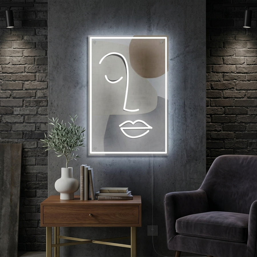 UV printed abstract human closed eye neon sign glowing on a modern wall