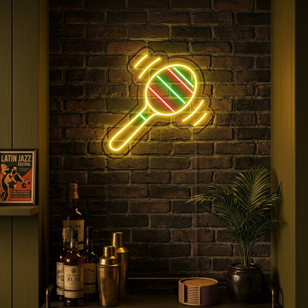 A glowing neon sign depicting a maraca, styled as vibrant wall decor above a shelf in a modern room.