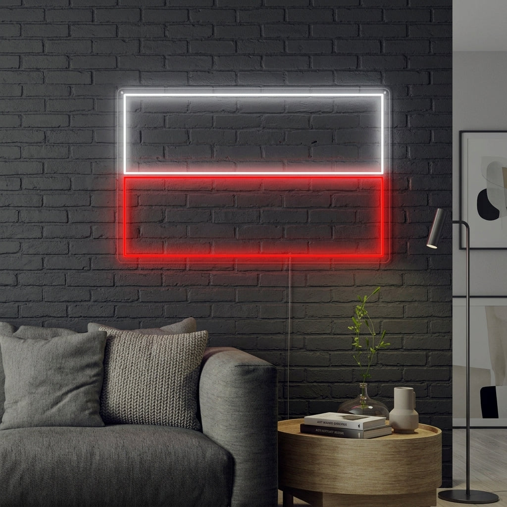 A glowing neon sign depicting the white and red Flag of Poland, mounted on a brick wall above a cozy seating area.